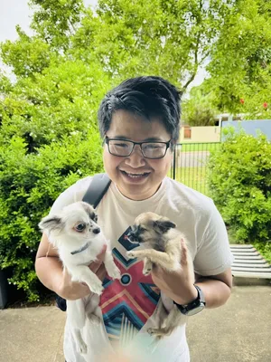 John on with Evie and Misty, first day home from hospital